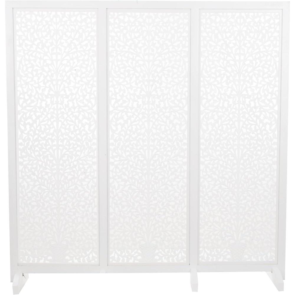 imageDeco 79 Wooden Floral Handmade Partition Room Divider Screen Large Flat Freestanding Carved Privacy Screen with 4 Feet Room Partition 71quot x 14quot x 72quot BlackWhite