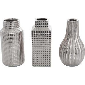 imageDeco 79 Ceramic Geometric Decorative Vase Dimensional Textured Centerpiece Vases with Varying Shapes and Grid Patterns Set of 3 Flower Vases for Home Decoration 3quot W 8quot H CreamSilver