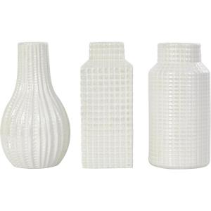 imageDeco 79 Ceramic Geometric Decorative Vase Dimensional Textured Centerpiece Vases with Varying Shapes and Grid Patterns Set of 3 Flower Vases for Home Decoration 3quot W 8quot H CreamCream