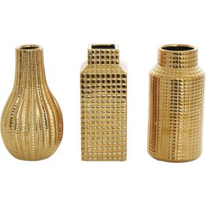 imageDeco 79 Ceramic Geometric Decorative Vase Dimensional Textured Centerpiece Vases with Varying Shapes and Grid Patterns Set of 3 Flower Vases for Home Decoration 3quot W 8quot H CreamGold