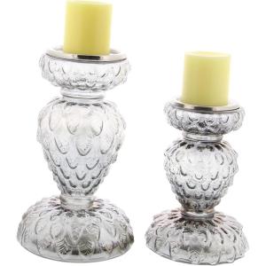 imageThe Novogratz Glass Handmade Bubble Pillar Candle Holder Set of 2 11quot 14quotH GrayClear