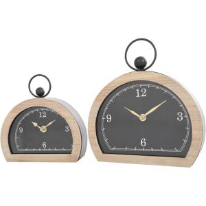 imageDeco 79 Wooden Decorative Clock Semicircle Mantel Clock with Brown Wooden Frame and Ring Handle Set of 2 Tabletop Clock 10quot 7quot H Black