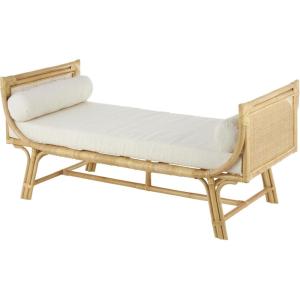 imageDeco 79 Rattan Home Bench Wrapped Entryway Bench with White Fabric Seat and Side Cushions Bedroom Bench 61quot x 30quot x 29quot Light Brown