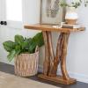 imageDeco 79 Teak Wood Live Edge Tree Stump Console Table with Clear Glass Top 49quot x 16quot x 32quot BlackBrown