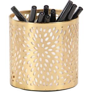imageDeco 79 Metal Cylinder Pencil Cup with Laser Carved Floral Design 4quot x 4quot x 4quot Gold