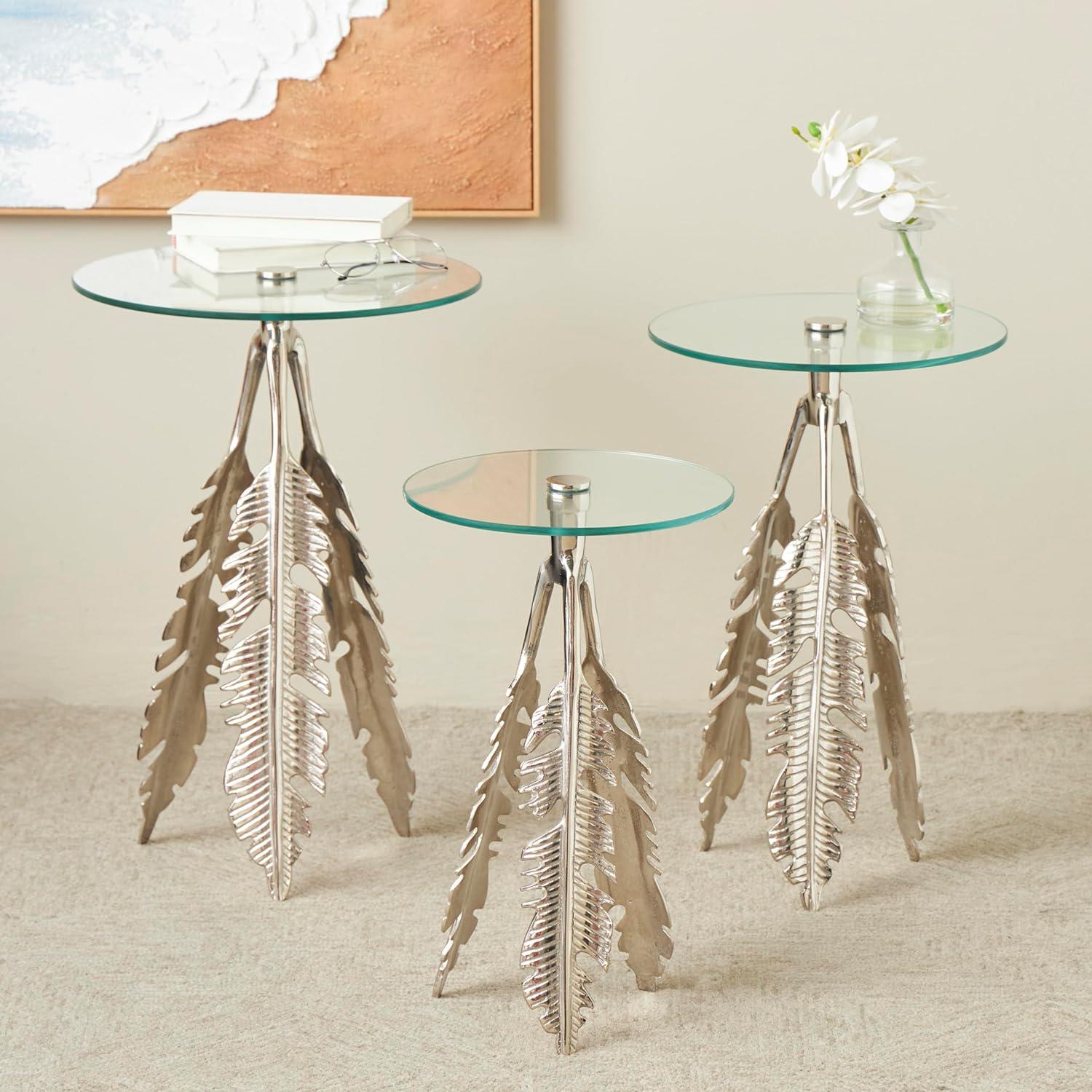 imageDeco 79 Aluminum Metal Leaf Side End Accent Table End Table with Tripod Legs and Tempered Glass Top Set of 3 Side Table 24quot 23quot 20quot H Silver