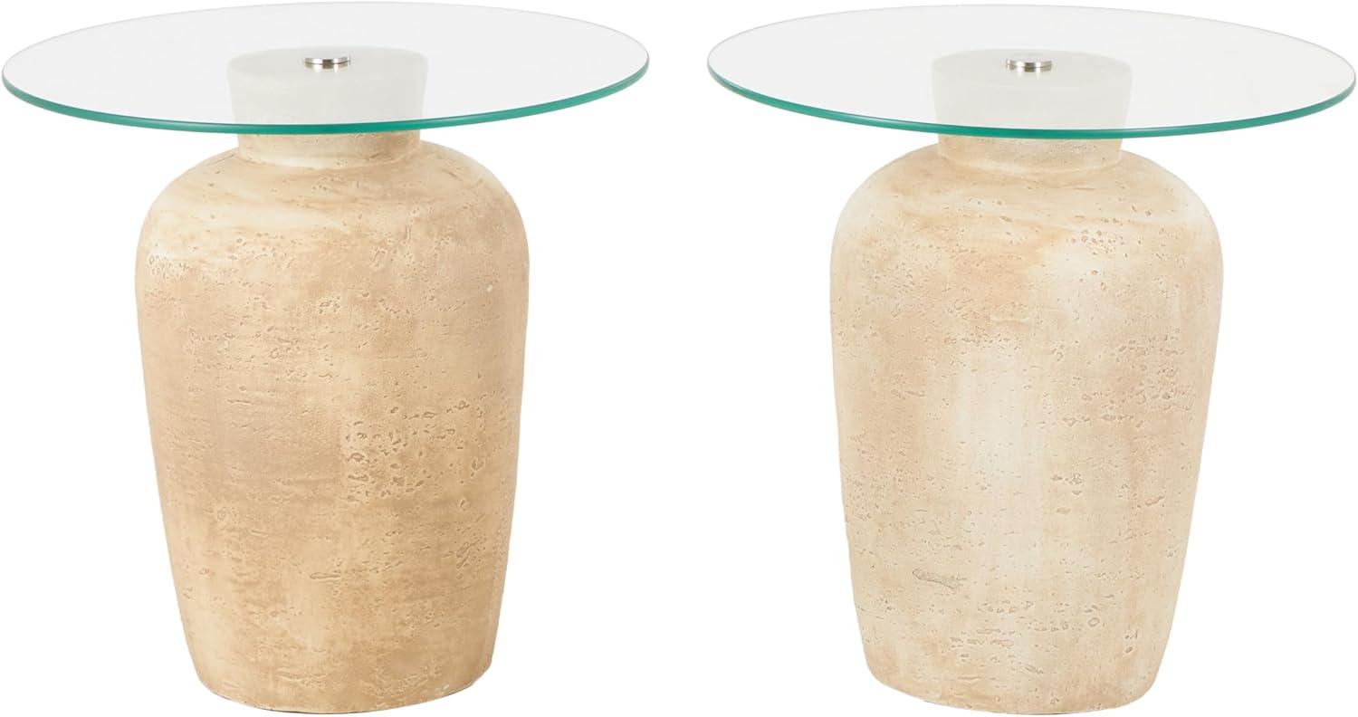 imageDeco 79 Magnesium Oxide Side End Accent Table End Table with Glass Tabletop Set of 2 Side Table 20quot W 20quot H Beige