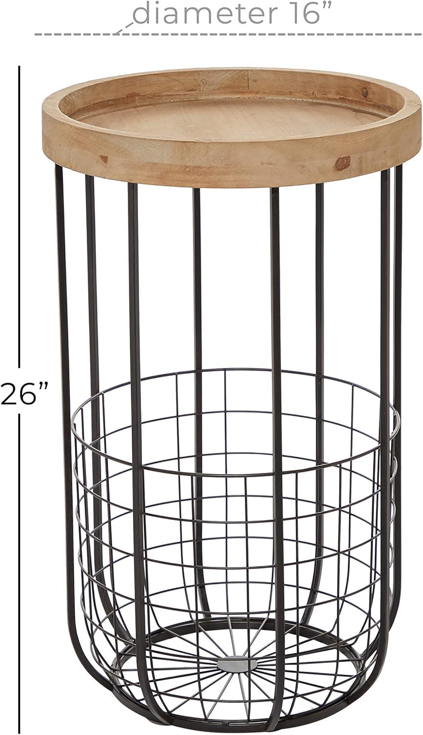 imageDeco 79 Metal Side End Accent Table End Table with Brown Wood Top and Wire Basket Storage Side Table 16quot x 16quot x 26quot Black
