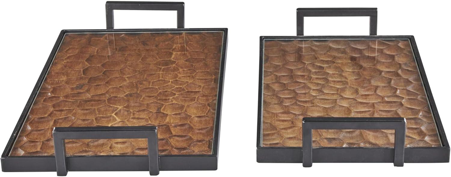 imageDeco 79 Wood Handmade Carved Pebbled Bottom Tray with Black Handles Set of 2 17quot 15quot W BrownBrown