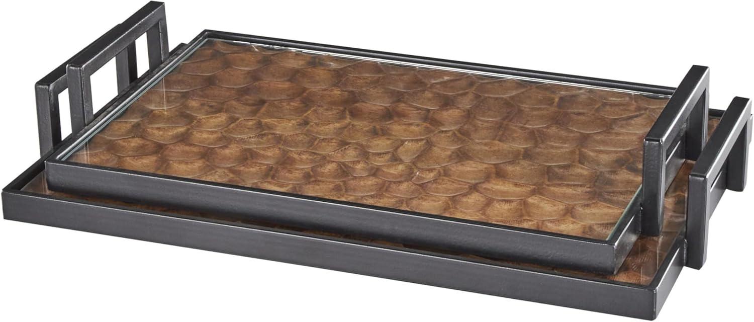imageDeco 79 Wood Handmade Carved Pebbled Bottom Tray with Black Handles Set of 2 17quot 15quot W BrownBrown