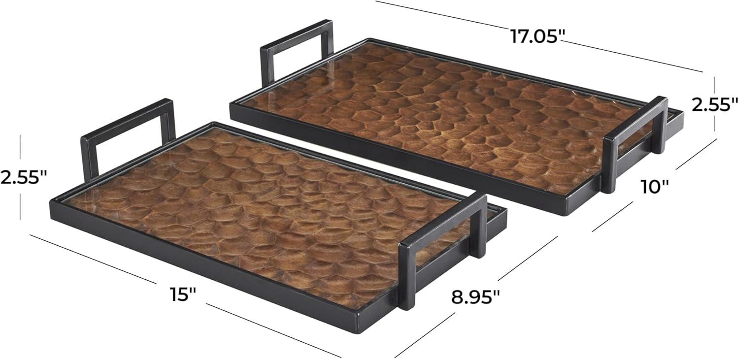 imageDeco 79 Wood Handmade Carved Pebbled Bottom Tray with Black Handles Set of 2 17quot 15quot W BrownBrown