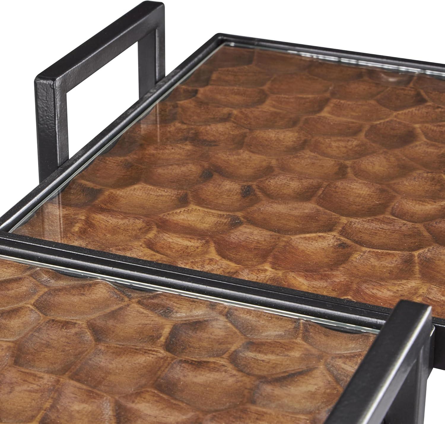 imageDeco 79 Wood Handmade Carved Pebbled Bottom Tray with Black Handles Set of 2 17quot 15quot W BrownBrown