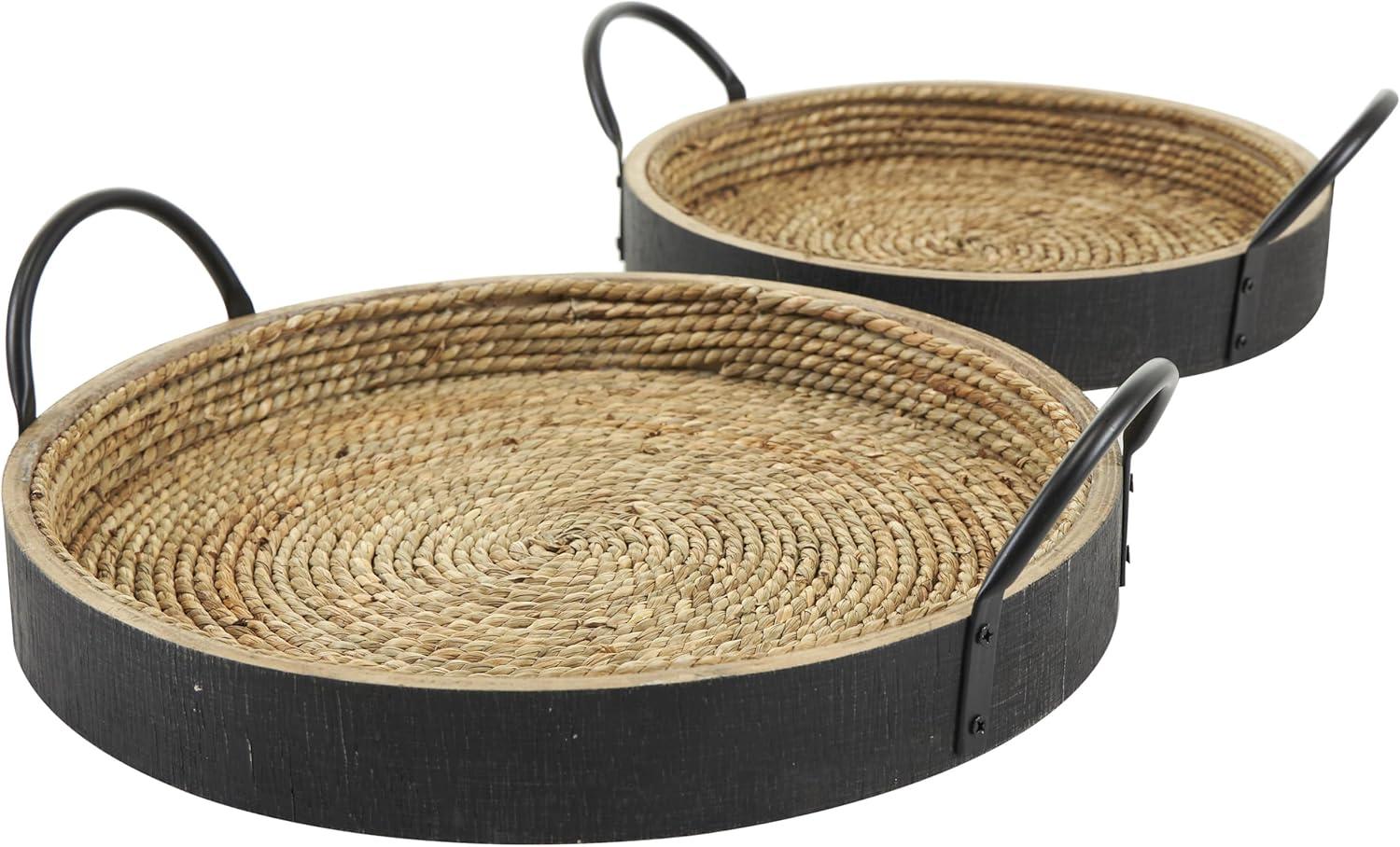 imageDeco 79 Wooden Living Room Decor Tray Coiled Oval Ottoman Tray with Black Metal Handles Set of 2 Serving Tray 23quot 8quot W BrownBlack