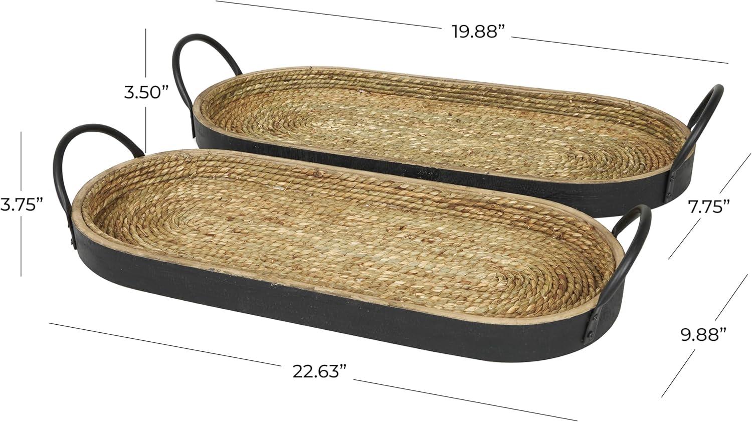 imageDeco 79 Wooden Living Room Decor Tray Coiled Oval Ottoman Tray with Black Metal Handles Set of 2 Serving Tray 23quot 8quot W BrownBrown