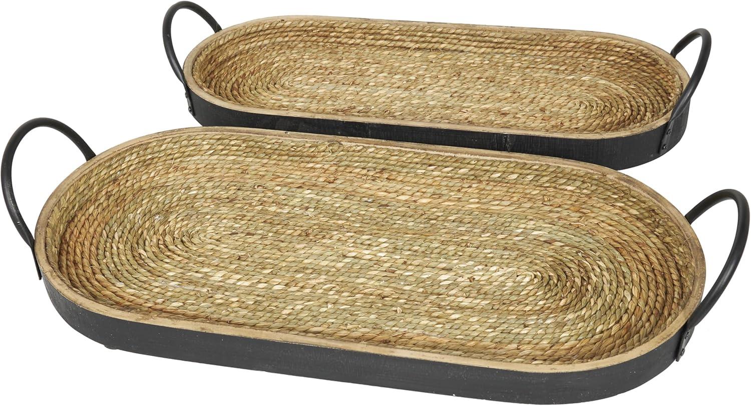 imageDeco 79 Wooden Living Room Decor Tray Coiled Oval Ottoman Tray with Black Metal Handles Set of 2 Serving Tray 23quot 8quot W BrownBrown