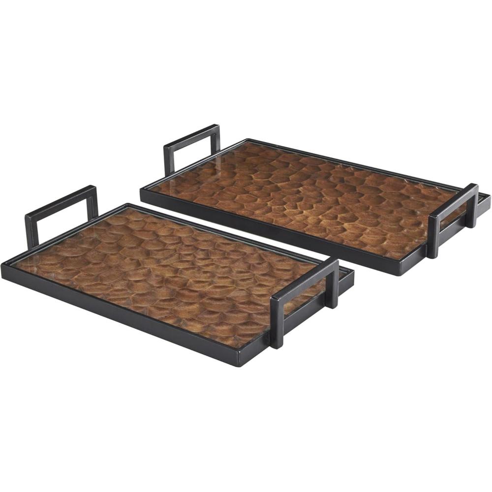 imageDeco 79 Wood Handmade Carved Pebbled Bottom Tray with Black Handles Set of 2 17quot 15quot W BrownBrown