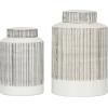 imageCosmoLiving by Cosmopolitan Ceramic Living Room Decorative Jars Striped Decorative Container Set of 2 Jar with Lid 13quot 11quotH White
