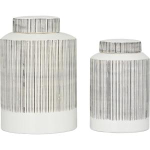 imageCosmoLiving by Cosmopolitan Ceramic Living Room Decorative Jars Striped Decorative Container Set of 2 Jar with Lid 13quot 11quotH White
