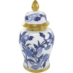 imageDeco 79 Ceramic Floral Living Room Decorative Jars Decorative Container with Cream and Gold Accents Jar with Lid 7quot x 7quot x 14quot BlueSMALL SIZE