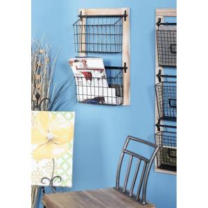 imageDeco 79 Metal 3 Slot Magazine Rack Holder with Wood Frame and Suspended Wire Baskets 14quot x 5quot x 34quot BlackBlack
