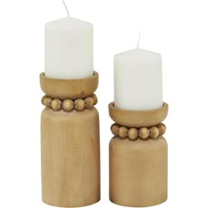 imageDeco 79 Wood Decorative Candle Holder Beaded Pillar Candle Stand Set of 2 Candlestick Holder 8quot 6quotH BrownBrown