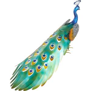 image:imageDeco 79 Metal Peacock Decorative Garden Sculpture Garden Statue with Gold Legs and Teal Wings Outdoor Sculpture 38 x 15 x 22 Blue