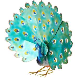 image:imageDeco 79 Metal Peacock Decorative Garden Sculpture Garden Statue with Gold Legs and Teal Wings Outdoor Sculpture 38 x 11 x 33 Blue