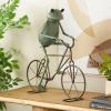 image:imageDeco 79 Metal Frog Decorative Garden Sculpture On Bicycle Garden Statue with Gold Accents Outdoor Sculpture 23 x 6 x 17 CopperGreen