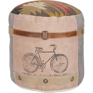 image:imageDeco 79 Canvas Round Pouf with Leather Handles 17 x 17 x 19 Multi Colored