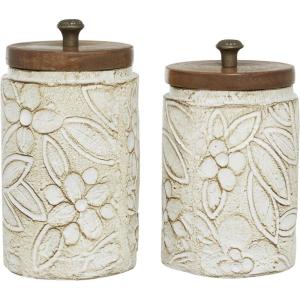 image:imageDeco 79 Ceramic Handmade Living Room Decorative Jars Intricately Carved Decorative Container with Wood Lids Set of 2 Jar with Lid 9 10H White