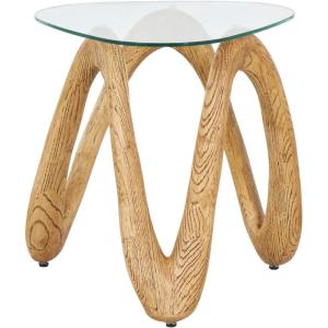 image:imageDeco 79 Polystone Abstract Side End Accent Table Wood Inspired Wavy End Table with Glass Tabletop Side Table 22 x 21 x 22 Light Brown