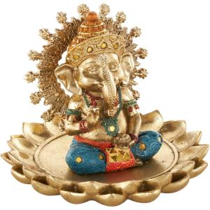 image:imageDeco 79 Resin Ganesh Decorative Sculpture Musician Home Decor Statue with Green Yellow and Teal Accents Accent Figurine 9 x 6 x 11 GoldGold