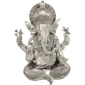 image:imageDeco 79 Resin Ganesh Decorative Sculpture Musician Home Decor Statue with Green Yellow and Teal Accents Accent Figurine 9 x 6 x 11 GoldSilver