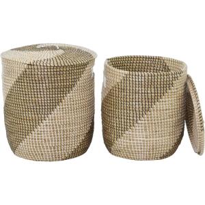 image:imageDeco 79 Seagrass Handmade Two Toned Storage Basket with Matching Lids Set of 2 19 17H Brown