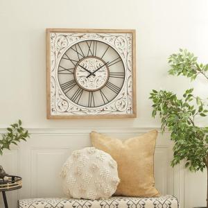 image:imageDeco 79 Wood Floral Decorative Wall Clock for Home with White Cutout Board Hanging Clock 32 x 2 x 32 BrownWhite  Brown
