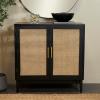 image:imageDeco 79 Wood Room Cabinet 1 Shelf and 2 Door Storage Cabinet with Cane Front Doors and Gold Handles Accent Cabinet 36 x 18 x 36 Black