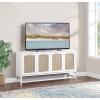 image:imageDeco 79 Wooden Media Credenza Sideboard 4 Door Storage Cabinet with Brown Woven Rattan Doors and Metal Base Accent Cabinet 60 x 16 x 31 White