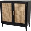 image:imageDeco 79 Wood Room Cabinet 1 Shelf and 2 Door Storage Cabinet with Cane Front Doors and Gold Handles Accent Cabinet 36 x 18 x 36 Black
