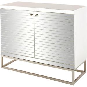 image:imageDeco 79 Glass 2 Door Cabinet with Linear Striped Panels and Gray Iron Base 47 x 18 x 38 Silver