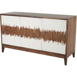 image:imageDeco 79 Mango Wood Abstract Media Credenza Sideboard 3 Door and 3 Shelf Storage Cabinet with White Front and Striped Pattern Accent Cabinet 60 x 20 x 34 Brown