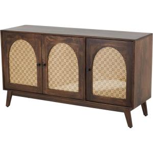 image:imageDeco 79 Mango Wood Handmade Room Cabinet 2 Shelf and 3 Door Storage Cabinet with Rattan Front and Black Knobs Accent Cabinet 53 x 17 x 30 Brown