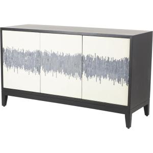 image:imageDeco 79 Mango Wood Media Credenza Sideboard 3 Door and 3 Shelf Storage Cabinet with White Front and Blue Striped Pattern Accent Cabinet 60 x 20 x 35 Black