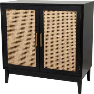 image:imageDeco 79 Wood Room Cabinet 1 Shelf and 2 Door Storage Cabinet with Cane Front Doors and Gold Handles Accent Cabinet 36 x 18 x 36 Black
