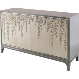 image:imageDeco 79 Wooden Floral Media Credenza Sideboard Relief 4 Door Storage Cabinet with Cream Front Doors and Cascading Leaf Design Accent Cabinet 60 x 18 x 35 Gray