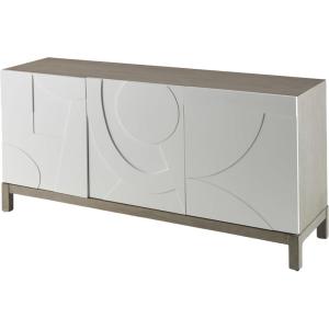 image:imageDeco 79 Wooden Geometric Media Credenza Sideboard 3 Door and 1 Interior Drawer Storage Cabinet with Various Carved Shapes and Gray Frame Accent Cabinet 68 x 19 x 32 White