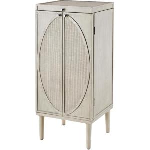 image:imageDeco 79 Wooden Geometric Washed Oval Rattan Front Armoire Jewelry 2 Door 6 Drawer and 32 Hook Cabinet with Mirrored Lift Top and Organizer Shelf 20 x 18 x 47 Light Gray