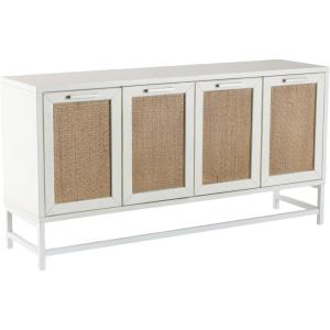 image:imageDeco 79 Wooden Media Credenza Sideboard 4 Door Storage Cabinet with Brown Woven Rattan Doors and Metal Base Accent Cabinet 60 x 16 x 31 White