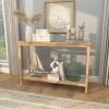 image:imageDeco 79 Wood Slim Natural 1 Shelf Console Table with Glass Top and Rattan Shelf 47 x 14 x 32 Brown