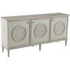 image:imageDeco 79 Wooden Media Credenza Sideboard Washed Circular Woven Rattan 3 Door Storage Cabinet with Round Silver Knobs Accent Cabinet 66 x 16 x 33 Light Gray