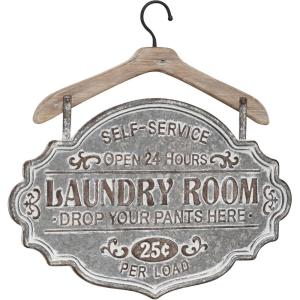 image:imageDeco 79 Metal Sign Home Wall Decor Laundry Room Wall Sculpture with Brown Wood Hanger Wall Art 22 x 1 x 22 Gray